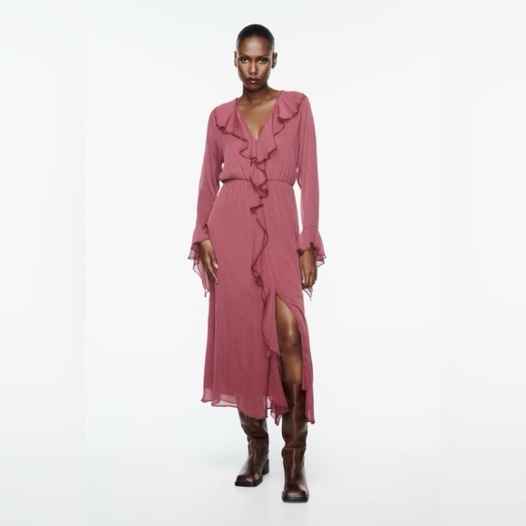 ZARA BLOGGERS FAVORITE RUFFLED GEORGETTE MIDI DRESS - Picture 6 of 16